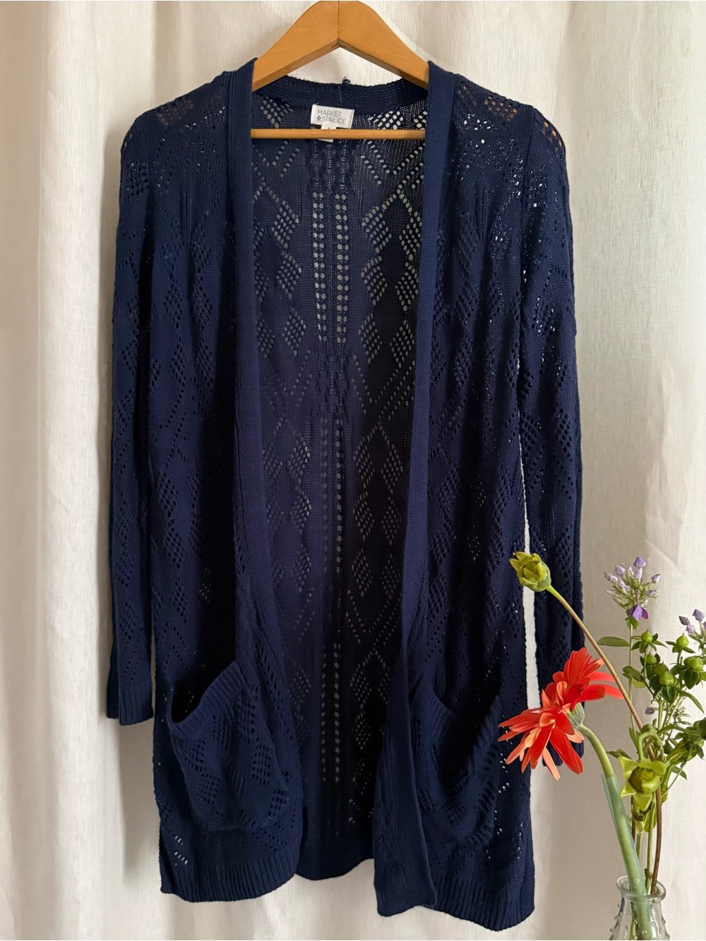 Market Spruce Cardigan M Navy Blue Pointelle Open Knit Longline Sweater Pockets